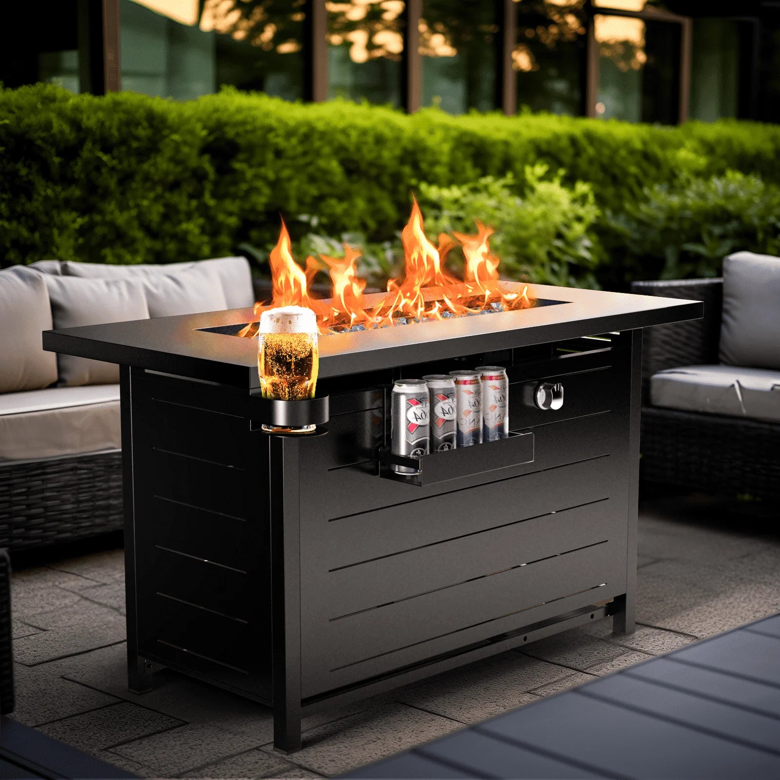 43" Outdoor Propane Fire Pit Table - 60,000 BTU with Lid, Glass Beads, Cup Holders, Hanging Shelf & Nylon Cover - Perfect for Your Patio!