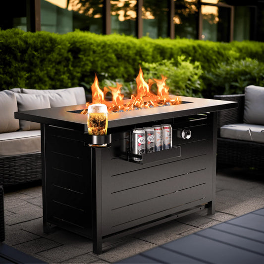 43" Outdoor Propane Fire Pit Table - 60,000 BTU with Lid, Glass Beads, Cup Holders, Hanging Shelf & Nylon Cover - Perfect for Your Patio!