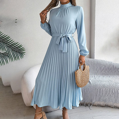 Elegant Solid Color High Collar Long Sleeve Pleated Flowing Dress
