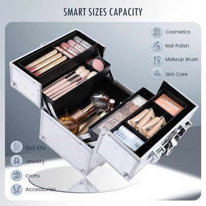Makeup Case Makeup Box Travel Train Case Portable Cosmetic Box Storage Cases Make up Trvel Case with 4 Trays Divider Locking Hard Vanity Case for Artist Nail Cafter Supplies Silver Rose