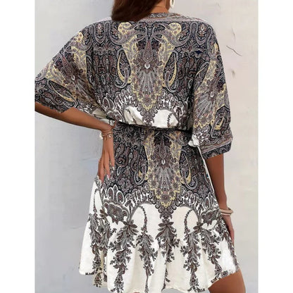 Women V-Neck Tie Front Short Sleeve Floral A-Line Beach Bohemian Flowy Waist Dress