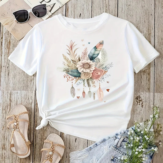 Women Summer Casual Floral and Leaf Print Crew Neck T-Shirt