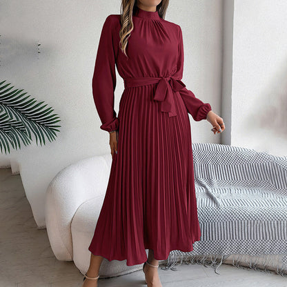 Elegant Solid Color High Collar Long Sleeve Pleated Flowing Dress