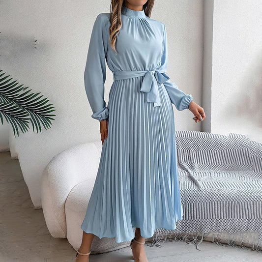 Elegant Solid Color High Collar Long Sleeve Pleated Flowing Dress