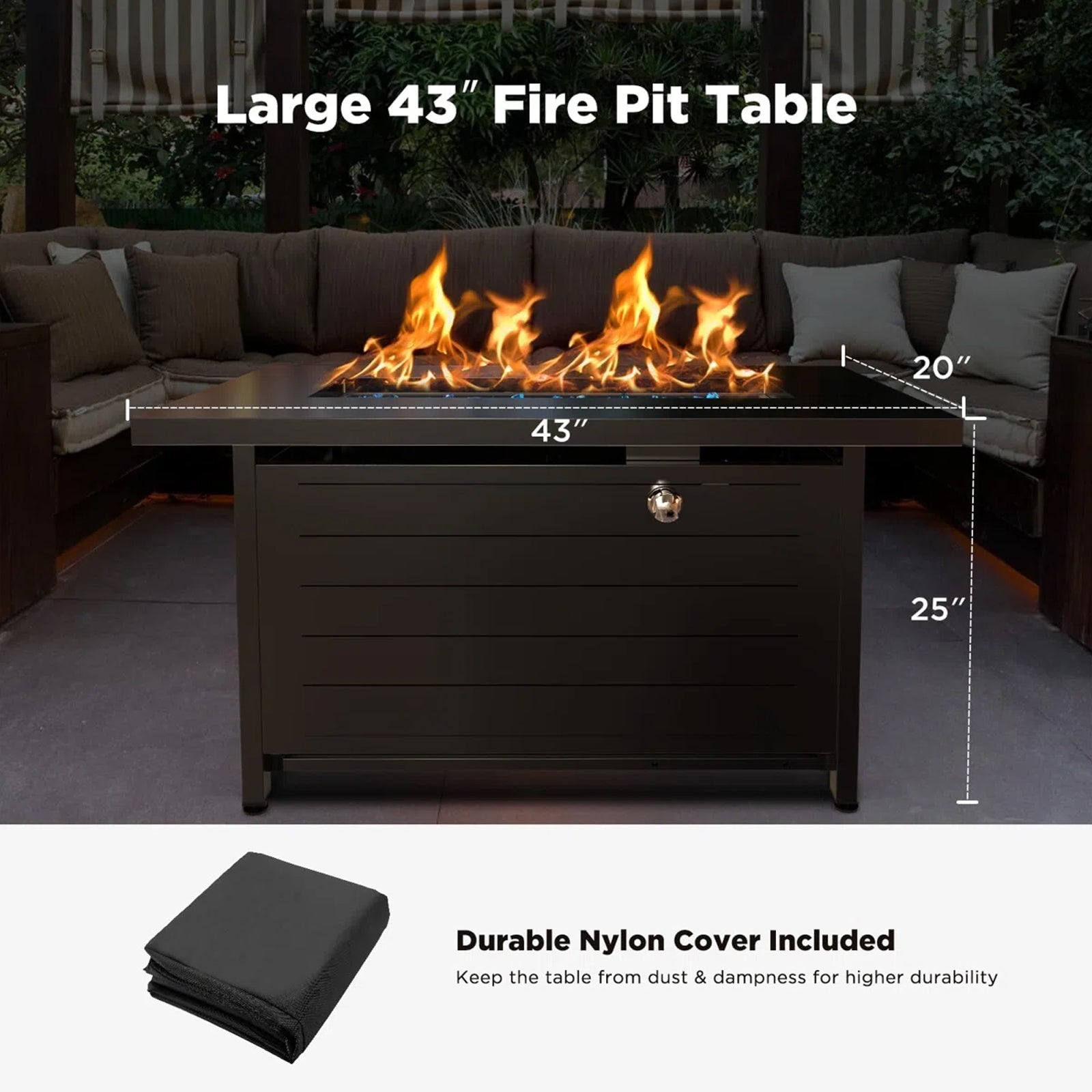 43" Outdoor Propane Fire Pit Table - 60,000 BTU with Lid, Glass Beads, Cup Holders, Hanging Shelf & Nylon Cover - Perfect for Your Patio!