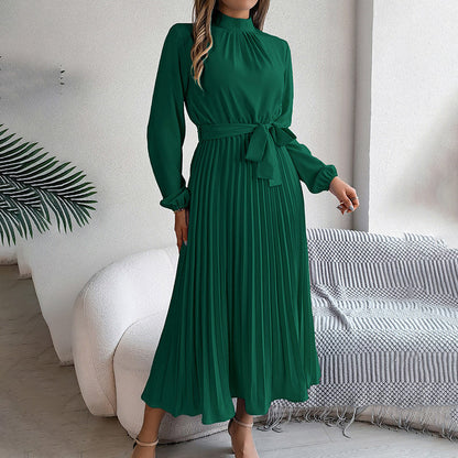Elegant Solid Color High Collar Long Sleeve Pleated Flowing Dress