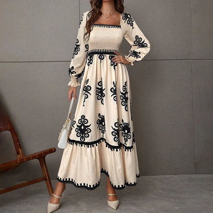 Elegant Women'S Retro Geometric Print Square Neck A-Line Lantern Sleeve Dress