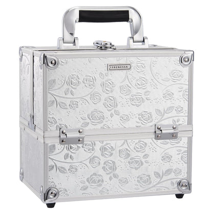 Makeup Case Makeup Box Travel Train Case Portable Cosmetic Box Storage Cases Make up Trvel Case with 4 Trays Divider Locking Hard Vanity Case for Artist Nail Cafter Supplies Silver Rose