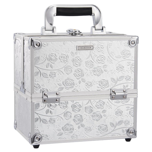 Makeup Case Makeup Box Travel Train Case Portable Cosmetic Box Storage Cases Make up Trvel Case with 4 Trays Divider Locking Hard Vanity Case for Artist Nail Cafter Supplies Silver Rose